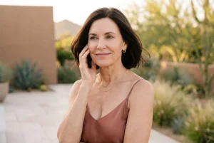 Dark-haired woman touching her cheek on a landscaped Sonoran resort terrace
